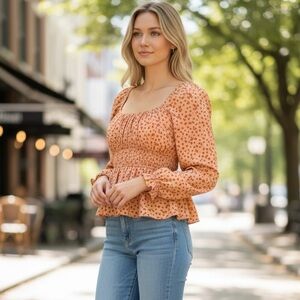 Planet Heart Peach Orange Floral Square Neck Smocked Waistline Blouse Sz S NWT